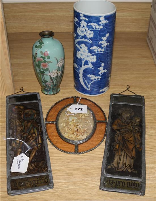 A Chinese blue and white cylindrical vase, a cloisonne turquoise-ground vase and three decorative glass panels (5)